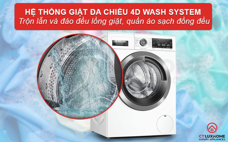 Hệ thống 4D Wash System trộn lẫn và đảo đều lồng giặt, quần áo sạch đồng đều