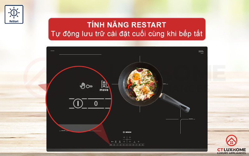 ReStart tự động lưu trữ cài đặt bếp trước khi tắt máy với bếp từ Bosch PVS831FB5E