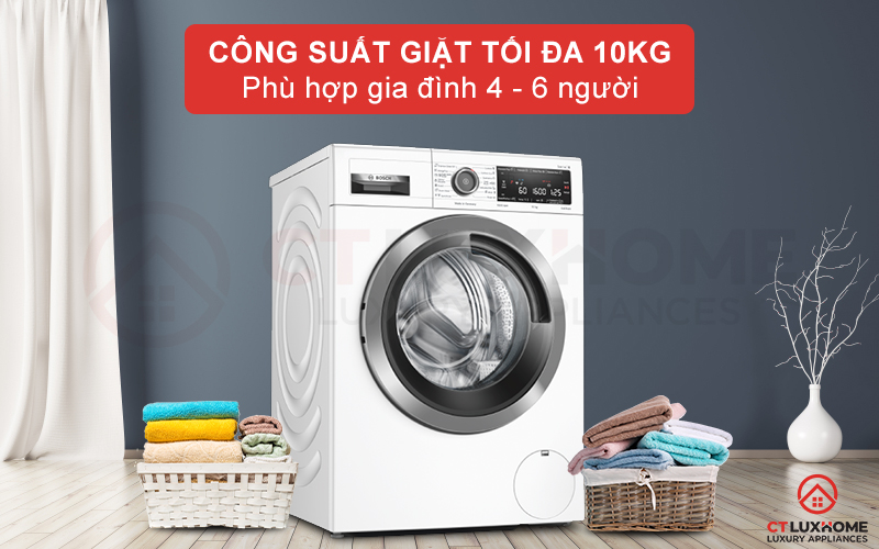 Dung tích lồng chứa lớn, công suất giặt lên tới 10kg phù hợp cho gia đình từ 4-6 người
