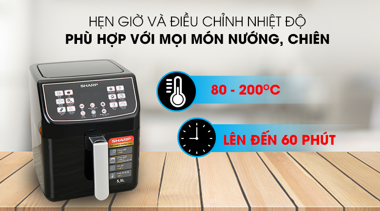 Điều chỉnh thời gian, nhiệt độ Nồi chiên không dầu Sharp KF-AF55EV-BK 5.5 lít
