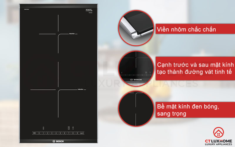 Bếp từ Bosch PIB375FB1E được thiết kế với viền nhôm cùng đường vát chắc chắn.