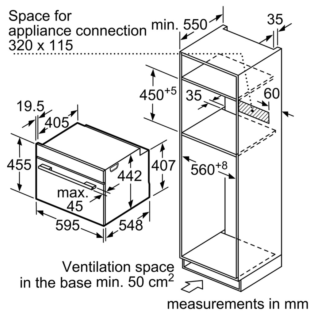 Kích thước lò nướng kèm vi sóng Bosch CMG633BS1