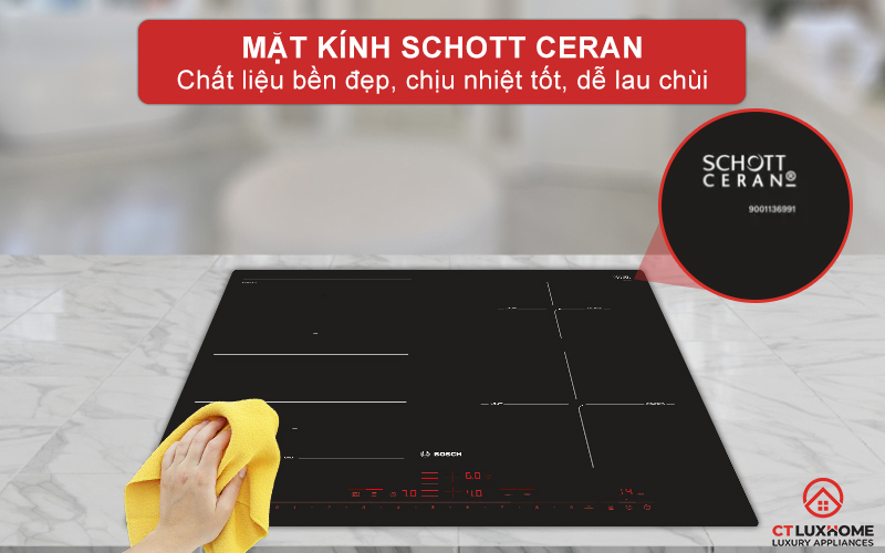 Mặt kính Schott Ceran bền đẹp, chịu nhiệt tốt và dễ lau chùi.