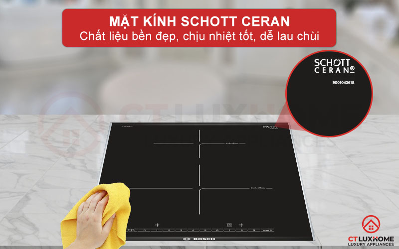 Mặt kính bếp từ Bosch PIB375FB1E chịu nhiệt tốt và bền bỉ trước tác động vật lý.