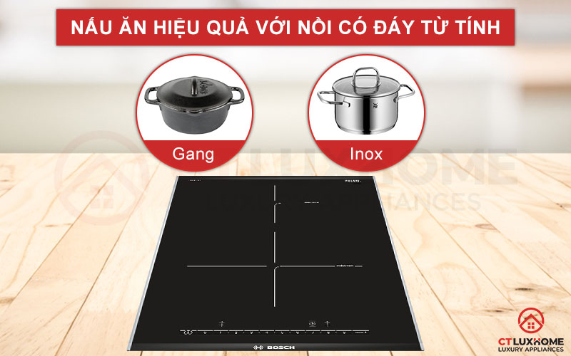 Lựa chọn nồi chảo có đáy từ tính giúp nấu ăn hiệu quả hơn trên bếp từ Bosch PIB375FB1E.
