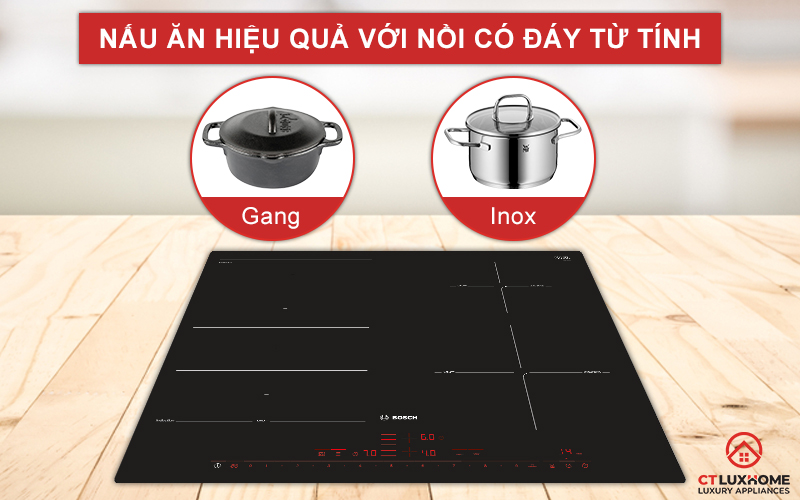 Nên lựa chọn nồi chảo có đáy từ tính cho bếp từ Bosch PXE601DC1E.