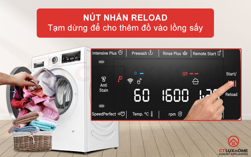 Nhấn nút Reload để tạm ngưng chương trình khi bạn cần thêm đồ vào lồng giặt