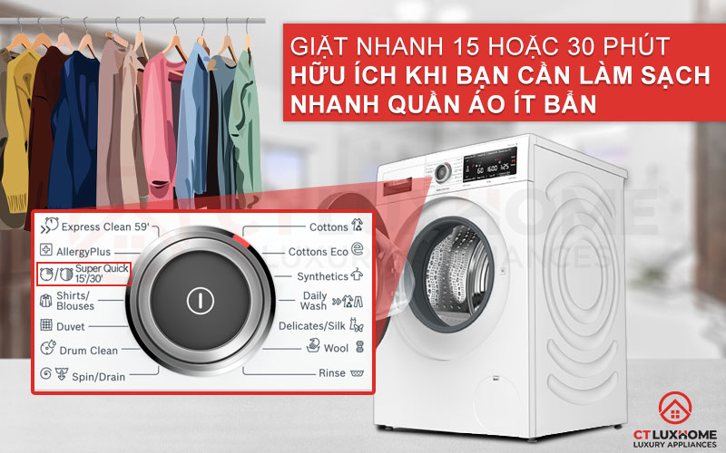 Tùy chọn Super Quick giúp đẩy nhanh quá trình giặt của các chương trình cơ bản