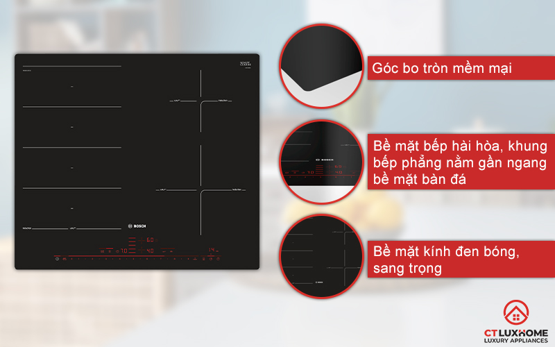 Bếp từ Bosch PXE601DC1E thiết kế góc bo cong, bề mặt kính đen bóng đẹp.